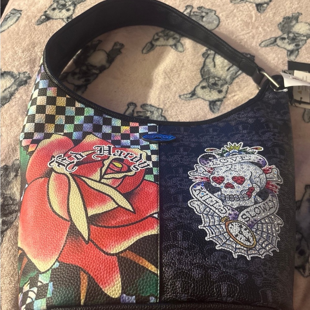Ed Hardy Red and Black Skull Rose Shoulder Bag